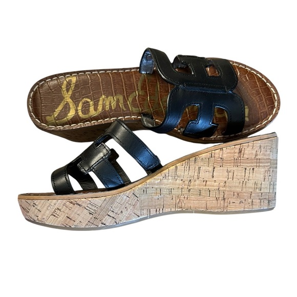NWOB Sam Edelman Black Ronie Leather Logo Wedge Sandals - Picture 6 of 9